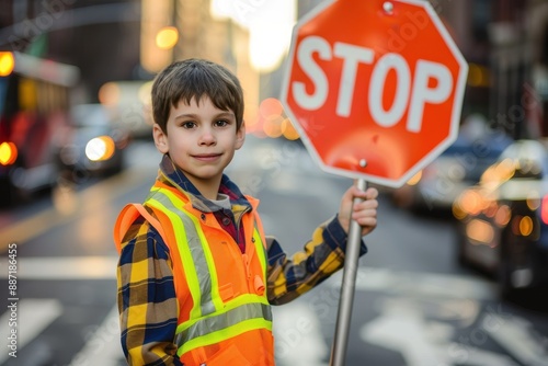 Young Boy Holding Stop Sign in City Street.