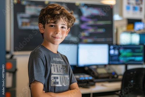 Young boy smiling in an office setting.