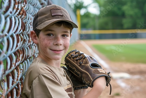 Young boy with baseball glove and cap.