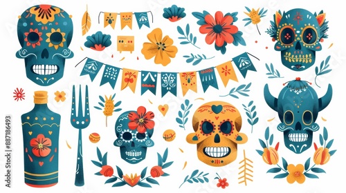 Dia de los Muertos Poster with Skeleton in Sombrero Playing Guitar, Marigold Petals, Papel Picado, Candles, and Sugar Skulls on Purple Background
