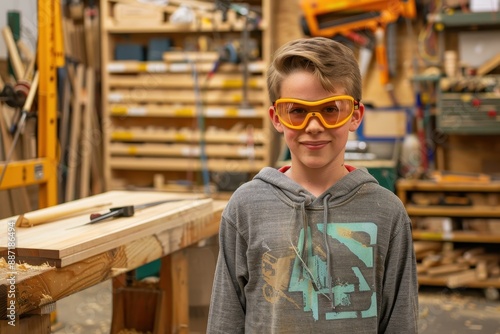 Young Boy Wearing Safety Glasses in Workshop.
