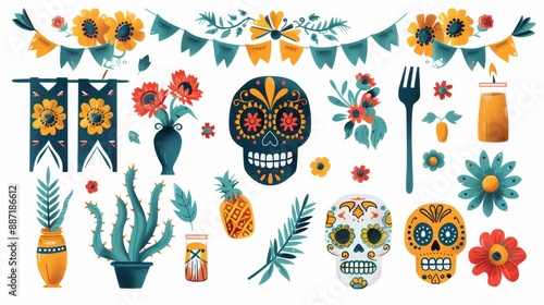 Dia de los Muertos Poster: Skeleton in Sombrero Playing Guitar with Marigold Petals, Papel Picado, Candle, and Sugar Skulls on Purple Background