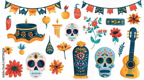 Dia de los Muertos Poster: Skeleton in Sombrero Playing Guitar with Marigold Petals, Papel Picado, Candle, and Sugar Skulls on Purple Background