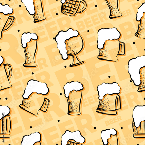 Beer glasses and bottles sketch pattern background Vector illustration