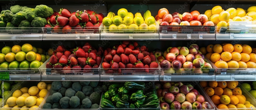 Fruits and vegetables in the refrigerated shelf of a supermarket Fruits and vegetables in the refrigerated shelf of a supermarket