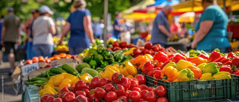 A bustling farmer's market scene with a diversity of vendors and customers, filled with vibrant summer produce A bustling farmer's market scene with a diversity of vendors and customers, filled with vibrant summer produce