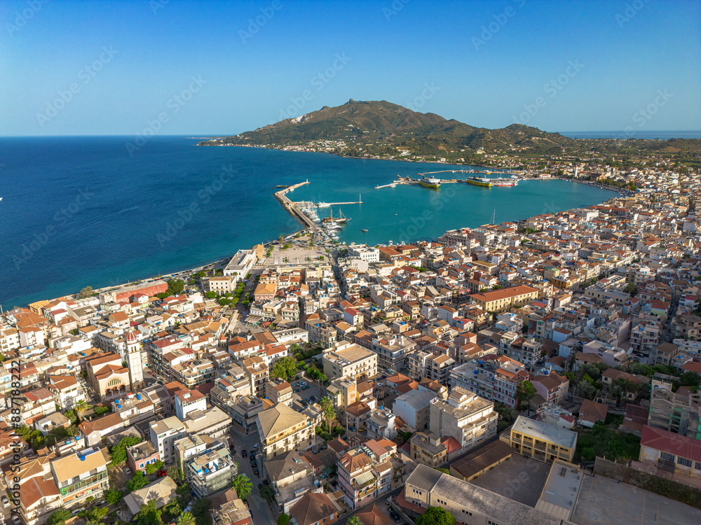 Naklejka premium Aerial panoramic view over Zakynthos town in Zakynthos island, Greece at sunset