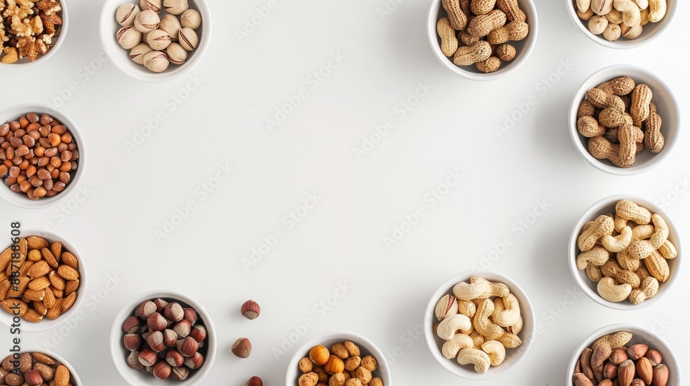 Obraz premium Assorted nuts in small white bowls on white surface Overhead view Blank space