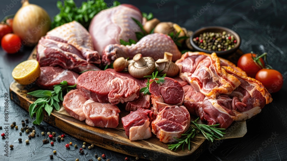 Assorted raw meats chicken beef and pork Front perspective Assorted raw meats chicken beef and pork Front perspective