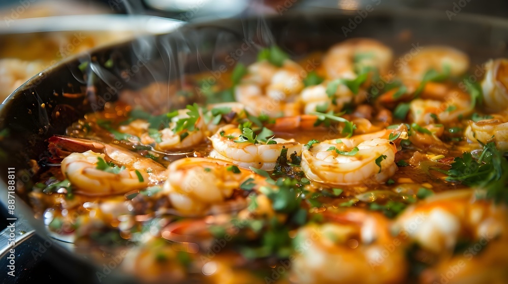 Close-up of a seafood curry simmering in a pot