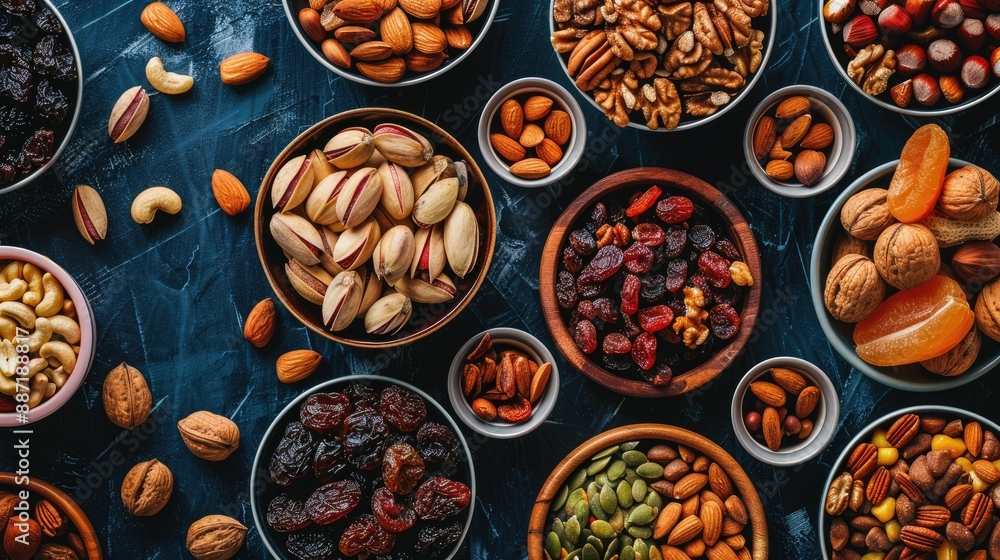 Assortment of nuts and dried fruits from top view Assortment of nuts and dried fruits from top view