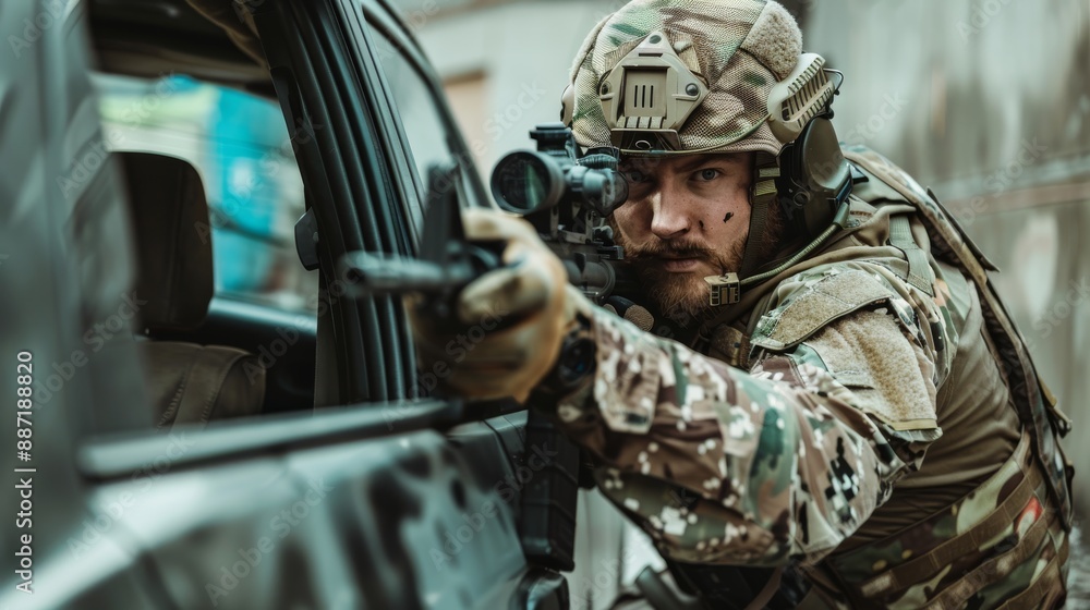 Delta Force member in urban camo crouching behind a car for cover Delta Force member in urban camo crouching behind a car for cover