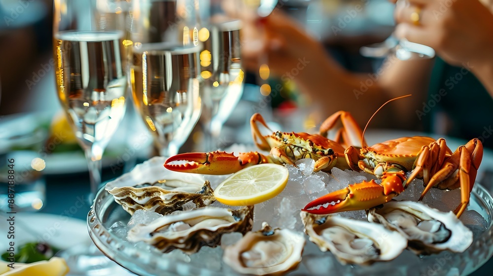 Fototapeta premium Close-up of fresh oysters and crabs served on ice