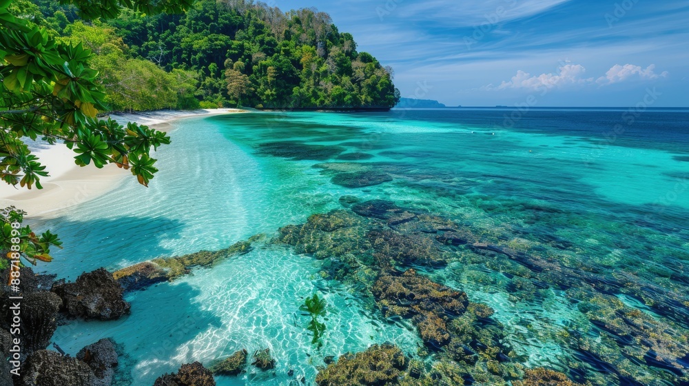 Astonishing tropical landscape White sand beach and turquoise sea with coral reef Astonishing tropical landscape White sand beach and turquoise sea with coral reef