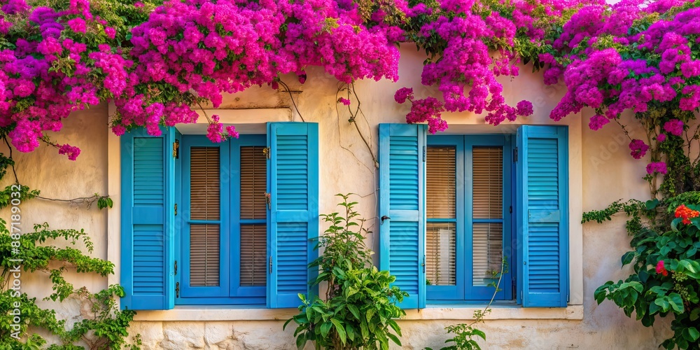 Vibrant blue shutters framed by bougainvillea vines, Mediterranean, colorful, exterior, architecture, vibrant Vibrant blue shutters framed by bougainvillea vines, Mediterranean, colorful, exterior, architecture, vibrant