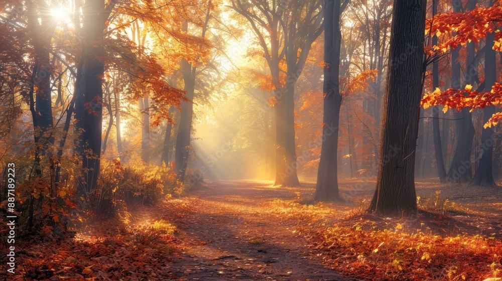 Autumn forest scenery with golden and red trees in a park Vibrant natural setting Autumn forest scenery with golden and red trees in a park Vibrant natural setting