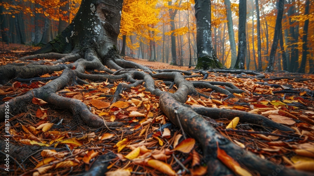 Autumn forest with old tree roots and yellow leaves Autumn forest with old tree roots and yellow leaves