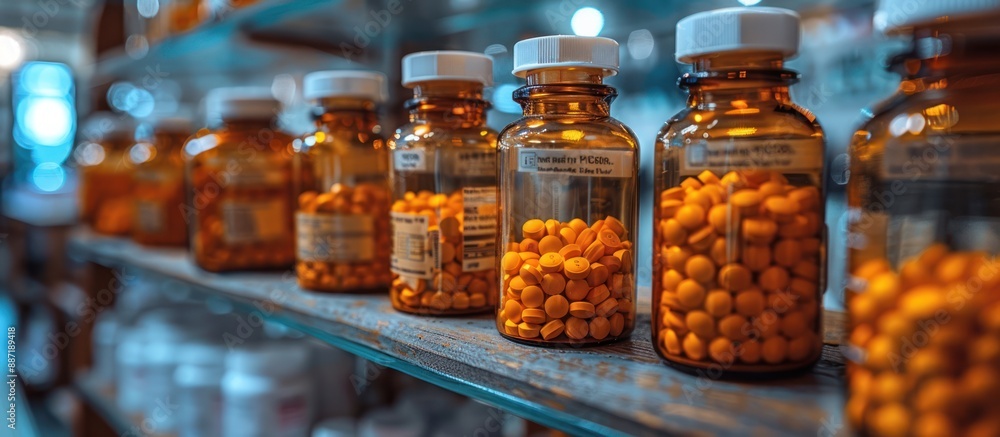 Glass Jars Filled with Orange Pills on a Shelf Glass Jars Filled with Orange Pills on a Shelf