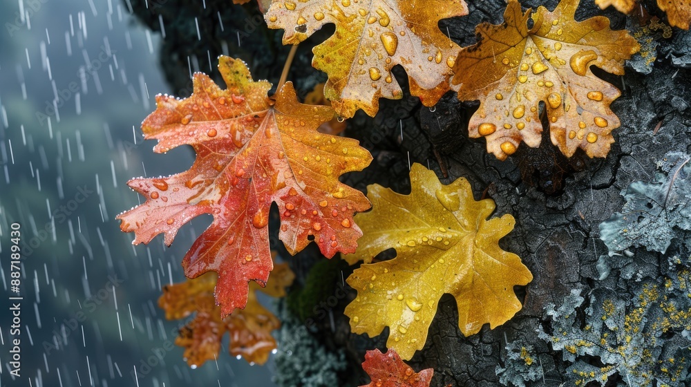 Autumn oak leaves in yellow and red on a tree with a rainy background Autumn oak leaves in yellow and red on a tree with a rainy background