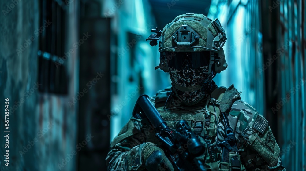 Delta Force operative in urban camo using night vision goggles in a dark alley Delta Force operative in urban camo using night vision goggles in a dark alley