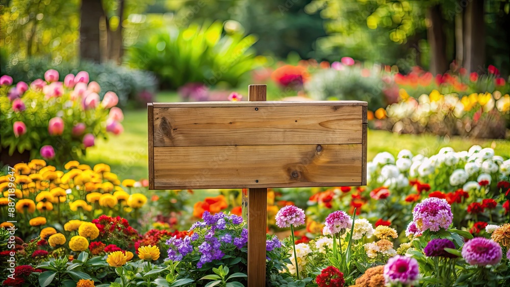 Wooden sign surrounded by colorful flowers in a garden setting, floral, blooming, nature, outdoors, spring, summer, wood Wooden sign surrounded by colorful flowers in a garden setting, floral, blooming, nature, outdoors, spring, summer, wood