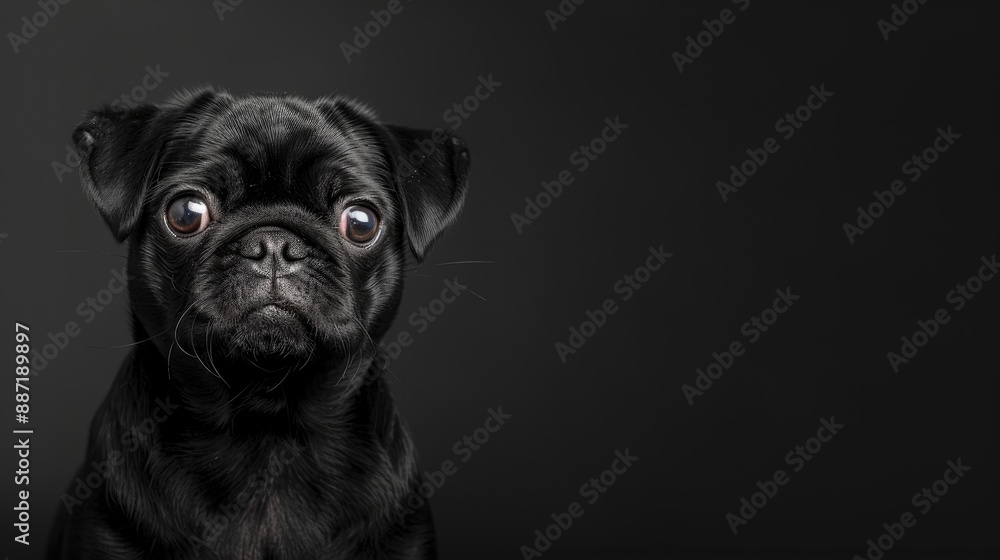 Cute black Pug portrait with copy space studio background Cute black Pug portrait with copy space studio background