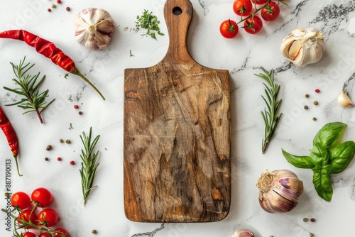 utting board over marble table background. Cooking backdrop. Top view with space for your recipe photo