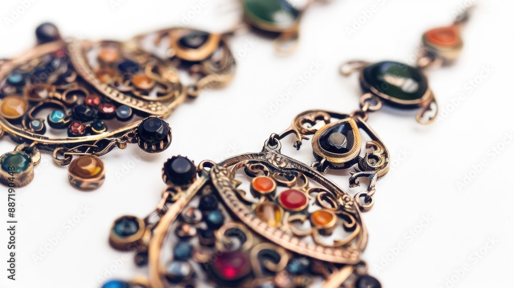 Antique Asian earrings adorned with gemstones against white backdrop Antique Asian earrings adorned with gemstones against white backdrop