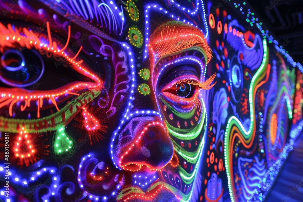 Neon tribal face with glowing patterns and vibrant colors. Neon tribal face with glowing patterns and vibrant colors.