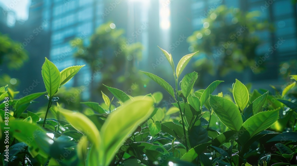 A green tea garden in the foreground. Generate AI image A green tea garden in the foreground. Generate AI image