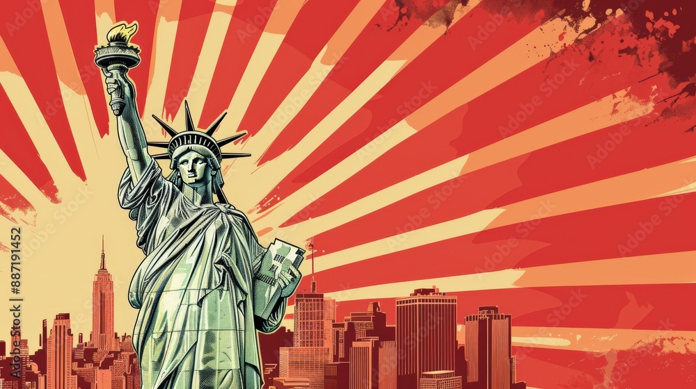 Obraz premium A liberty statue holding a torch and a statue of liberty. The image is a patriotic piece of art