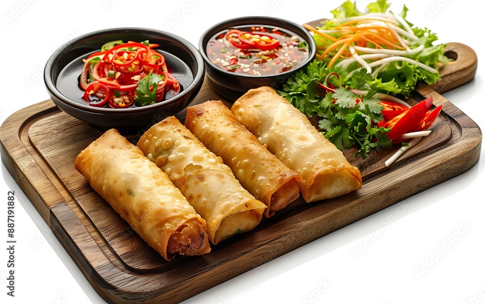 Board and plate of tasty Spring rolls with on white background. Board and plate of tasty Spring rolls with on white background.