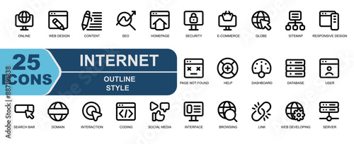 icon set internet.thick outline style.contains connection,networking,online,internet,web design,content,seo,homepage and more.
