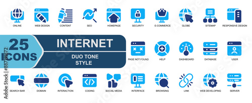 25 icons internet.style duo tone.contains eo, homepage, security, ecommerce, globe, cursor, sitemap, responsive design, page not found, help, service.
