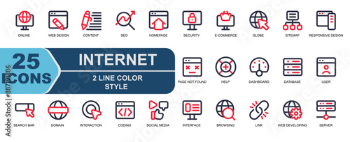 icon set internet.style 2 line color.contains social media,interface,ui,browsing,link,chain,web developing,server.
