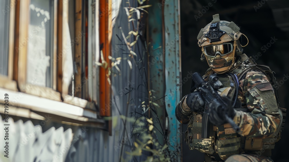 Fototapeta premium Delta Force operative in urban camo gear readying his equipment in a safe house