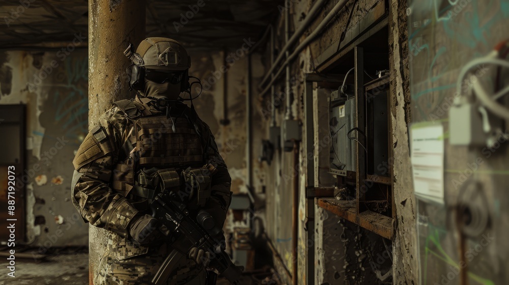Obraz premium Delta Force operative in urban camo gear readying his equipment in a safe house
