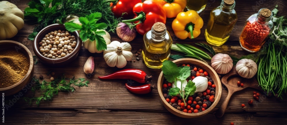 Spices and Vegetables on a Rustic Wooden Table
