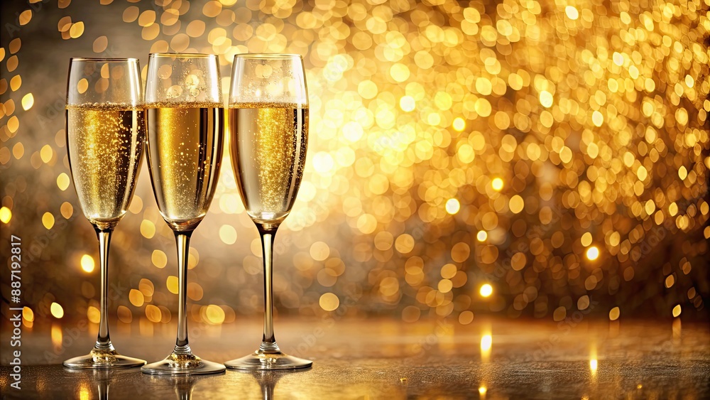 Three glasses of Champagne for festive cheers with golden sparkling bokeh background, Champagne, glasses, festive, cheers Three glasses of Champagne for festive cheers with golden sparkling bokeh background, Champagne, glasses, festive, cheers