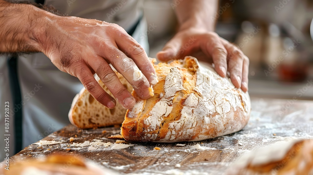Male hands breaking freshly baked bread, closeup. Male hands breaking freshly baked bread, closeup.