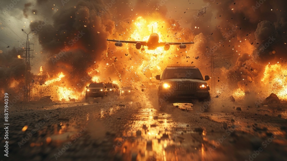 Intense Military Action Scene with Explosions, Aircraft, and Armored Vehicles in a Warzone Intense Military Action Scene with Explosions, Aircraft, and Armored Vehicles in a Warzone