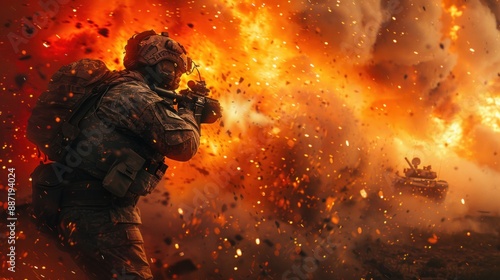Intense Military Combat Scene with Soldier and Tank Amidst Explosions and Fire in Battlefield