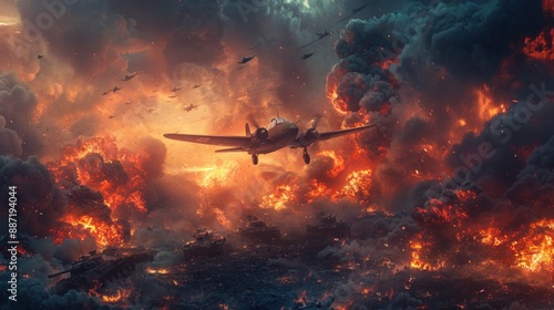 Intense Military Battle Scene with Fighter Planes and Tanks Amidst Explosions and Fire in a War Zone