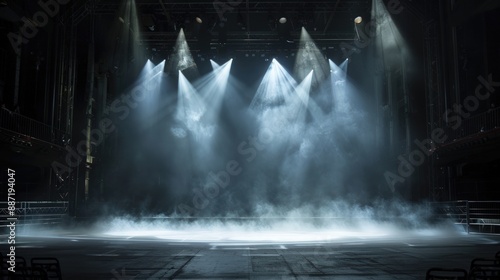 A large stage with smoke and spotlights on it, illuminating the performers. Generate AI image