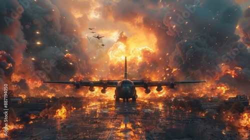Military Aircraft on Runway Amidst Explosions and Fire with Fighter Jets in the Sky During Intense Battle Scene