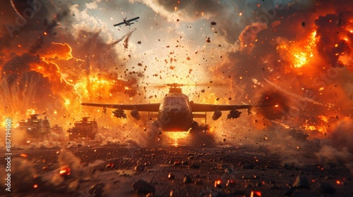 Intense Military Battle Scene with Helicopter and Explosions in a Warzone at Sunset