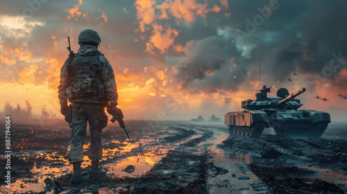 Wallpaper Mural Soldier Standing in Muddy Battlefield at Sunset with Tanks and Helicopters in the Background Torontodigital.ca