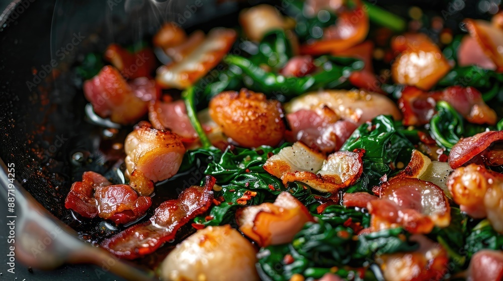 Cooking image of bacon and spinach fried on pastry Cooking image of bacon and spinach fried on pastry
