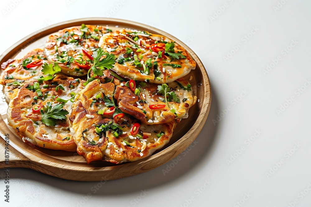 Board and plate of tasty Uttapam with on white background. Board and plate of tasty Uttapam with on white background.