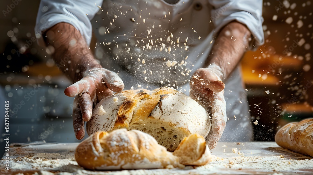 Male hands breaking freshly baked bread, closeup. Male hands breaking freshly baked bread, closeup.